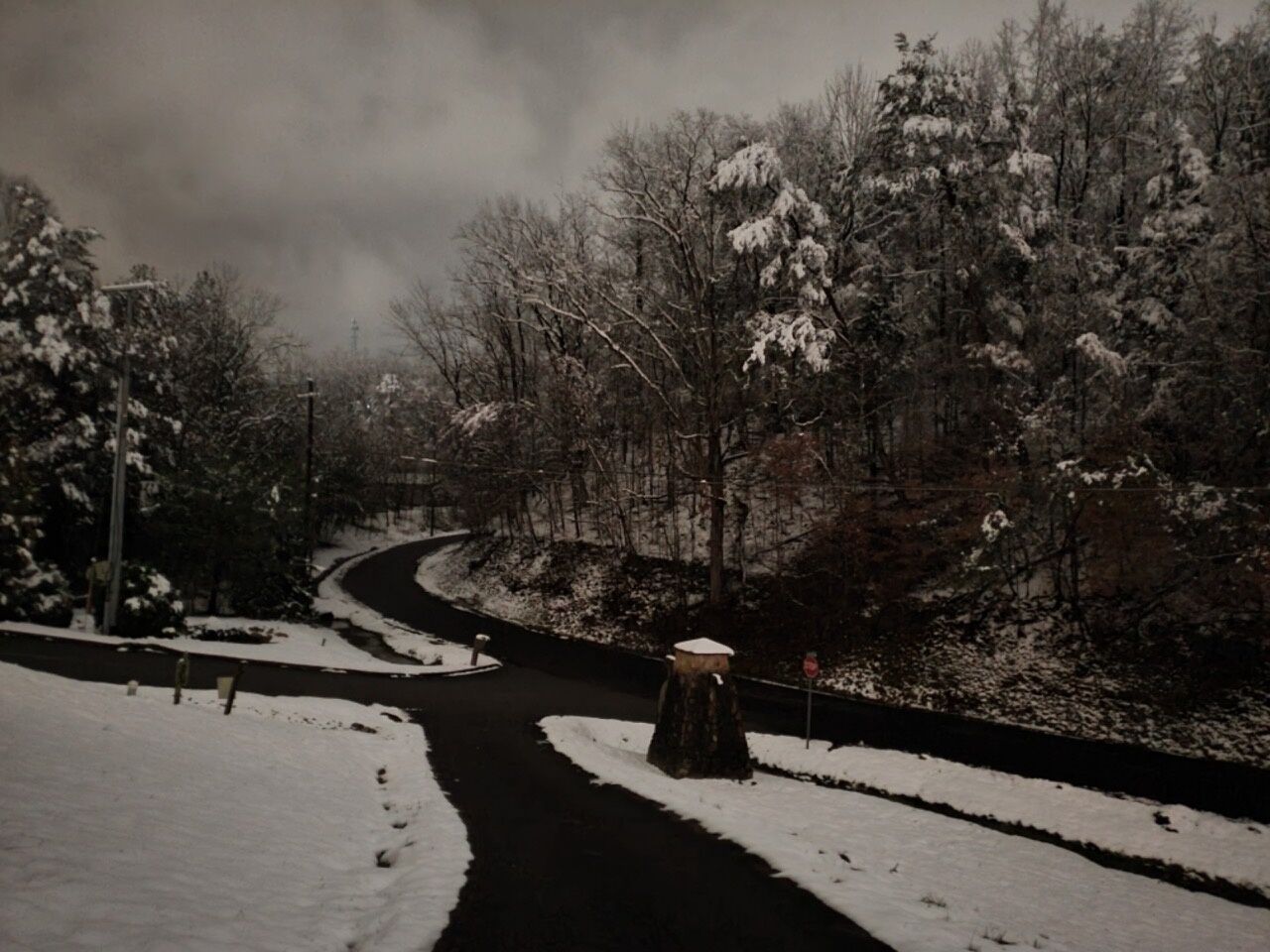 A snow-covered road curving through a wooded area with bare trees and a small structure in the distance.