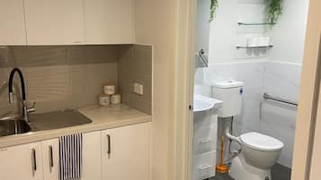 Douche, séchoir à cheveux, serviettes fournies, savon