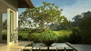 A serene garden with a water feature and a lush tree in the foreground. - Ubud's Hidden Gem: Experience Luxury in Nature's Lap, Near the gates of Ubud. (Ubud)