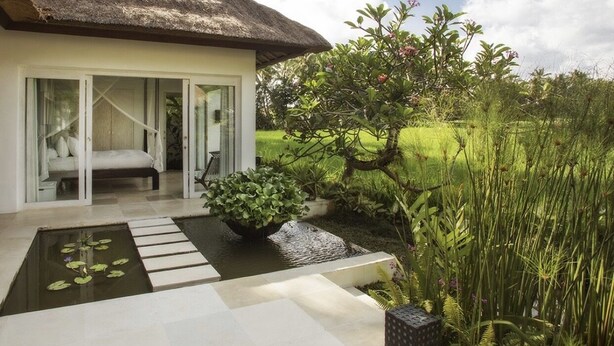 A modern house with a thatched roof, a glass door leading to a bedroom, a small pond with lily pads, and lush greenery. - Ubud's Hidden Gem: Experience Luxury in Nature's Lap, Near the gates of Ubud. (Ubud)