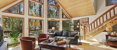 Smart TV, fireplace, books, stereo