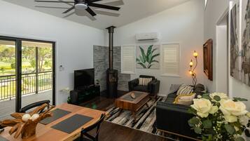 Smart TV, fireplace, video games, music library