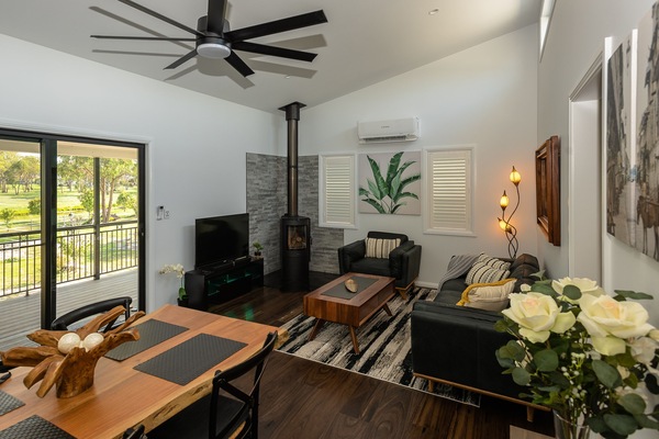 Smart TV, fireplace, video games, music library