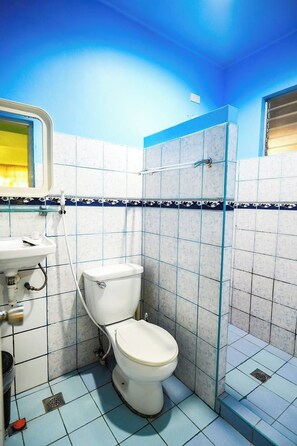 A bathroom with a white toilet, a sink, and a shower area. - Gracia's Inn Boracay (Boracay Island)
