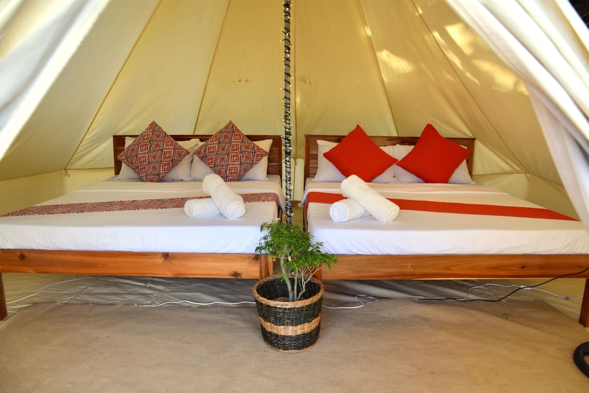 A tent with two beds, each with pillows and a blanket.