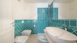Shower, hair dryer, bidet, towels