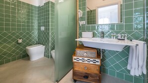 Douche, séchoir à cheveux, bidet, serviettes fournies