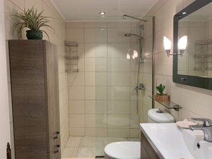 Shower, hair dryer, towels, toilet paper