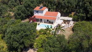 A house with a swimming pool, surrounded by dense greenery. - PRESTIGE VILLAS 'Tree Tops' - North East Coast Villa with infinity pool... (Agios Markos, Corfu)