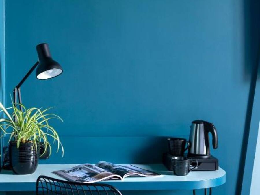 A teal-colored wall with a black desk, a black chair, a black desk lamp, a potted plant, a kettle, and a magazine.