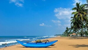 Uma praia com um barco azul na areia, palmeiras e um céu azul e límpido.
