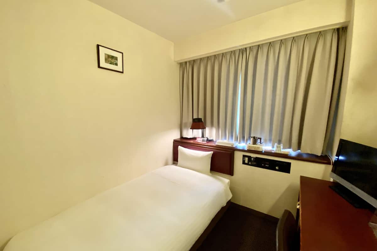 A hotel room with a single bed, a desk with a chair, a television, a window with curtains, and a bedside table with a lamp and a phone.