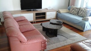 Ein modernes Wohnzimmer mit einem rosafarbenen Sofa, einem blauen Sofa, einem Couchtisch und einem Flachbildfernseher auf einer Holzkommode.