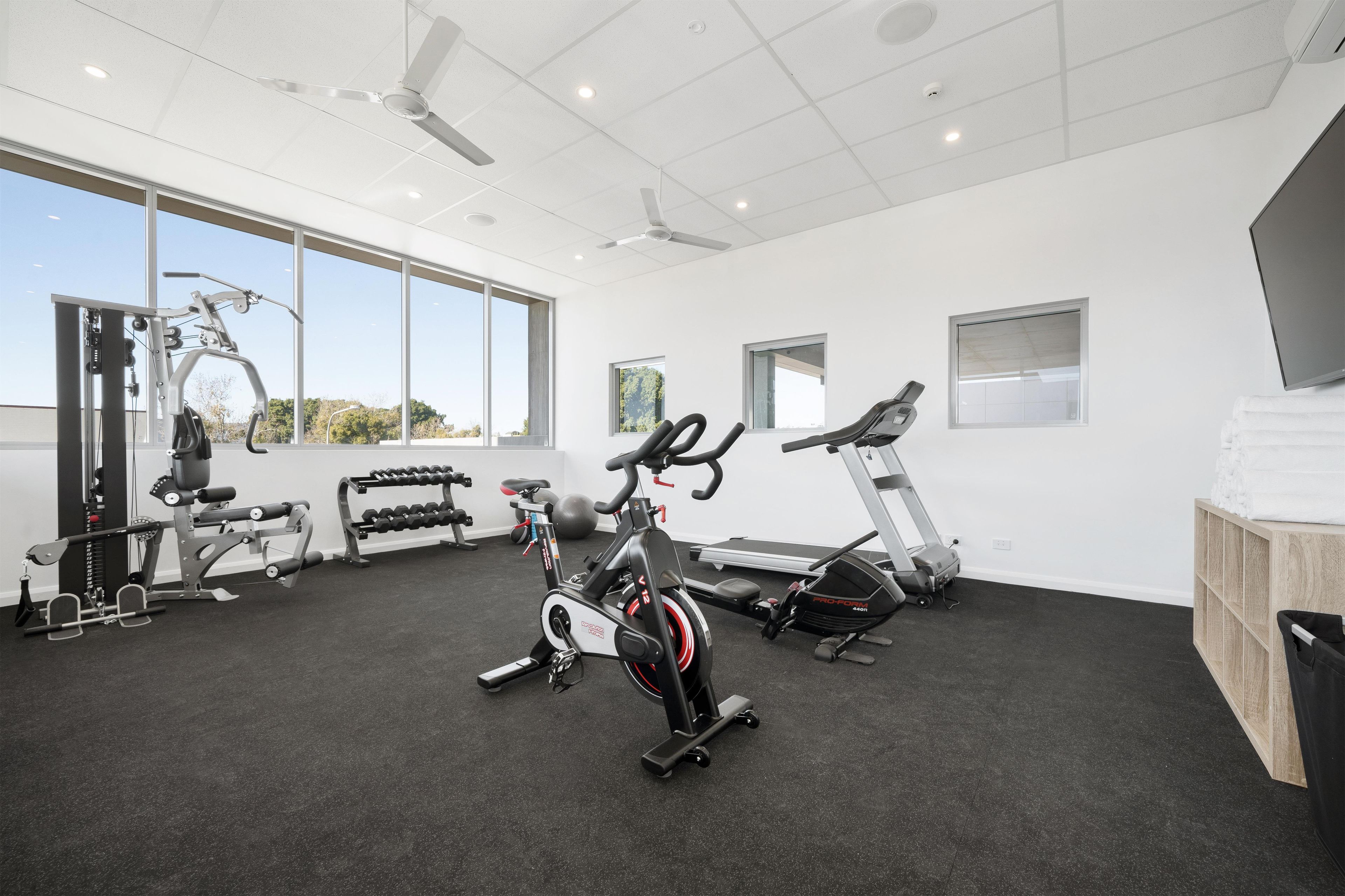 A gym with cardio machines, free weights, and a large window providing natural light.