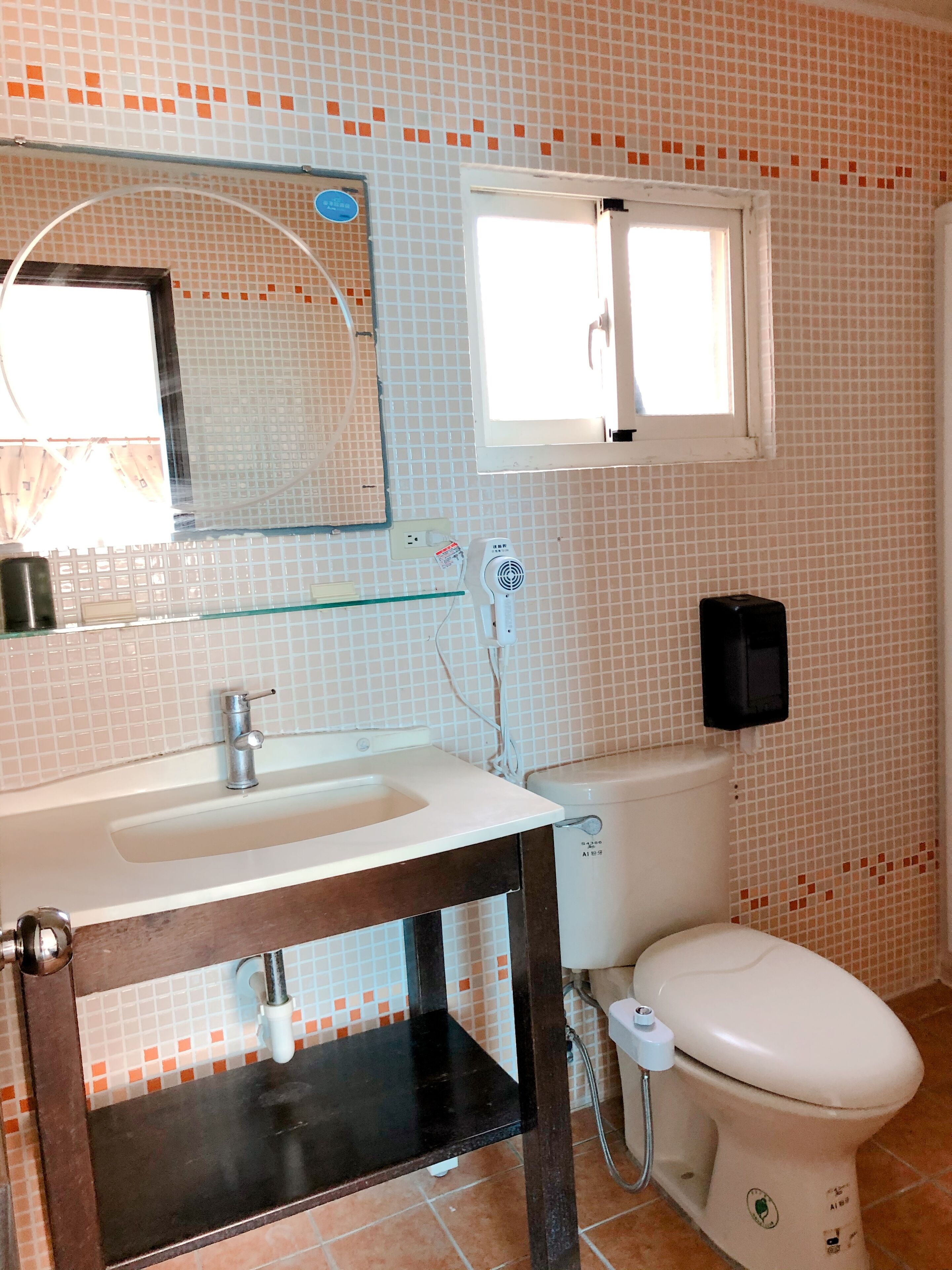 A bathroom with a white sink, a mirror, a toilet, and a window.
