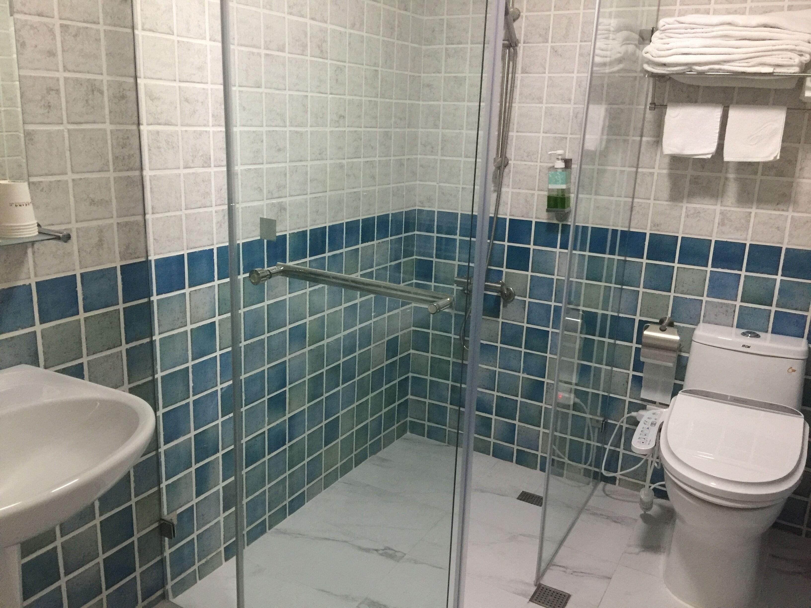 A bathroom with a glass-enclosed shower, a sink, and a toilet.