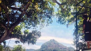 A person standing on a wooden platform overlooking a lush, green landscape with dense vegetation and a hill in the distance. - Homely Stay Balana Kapolla (Mawanella)