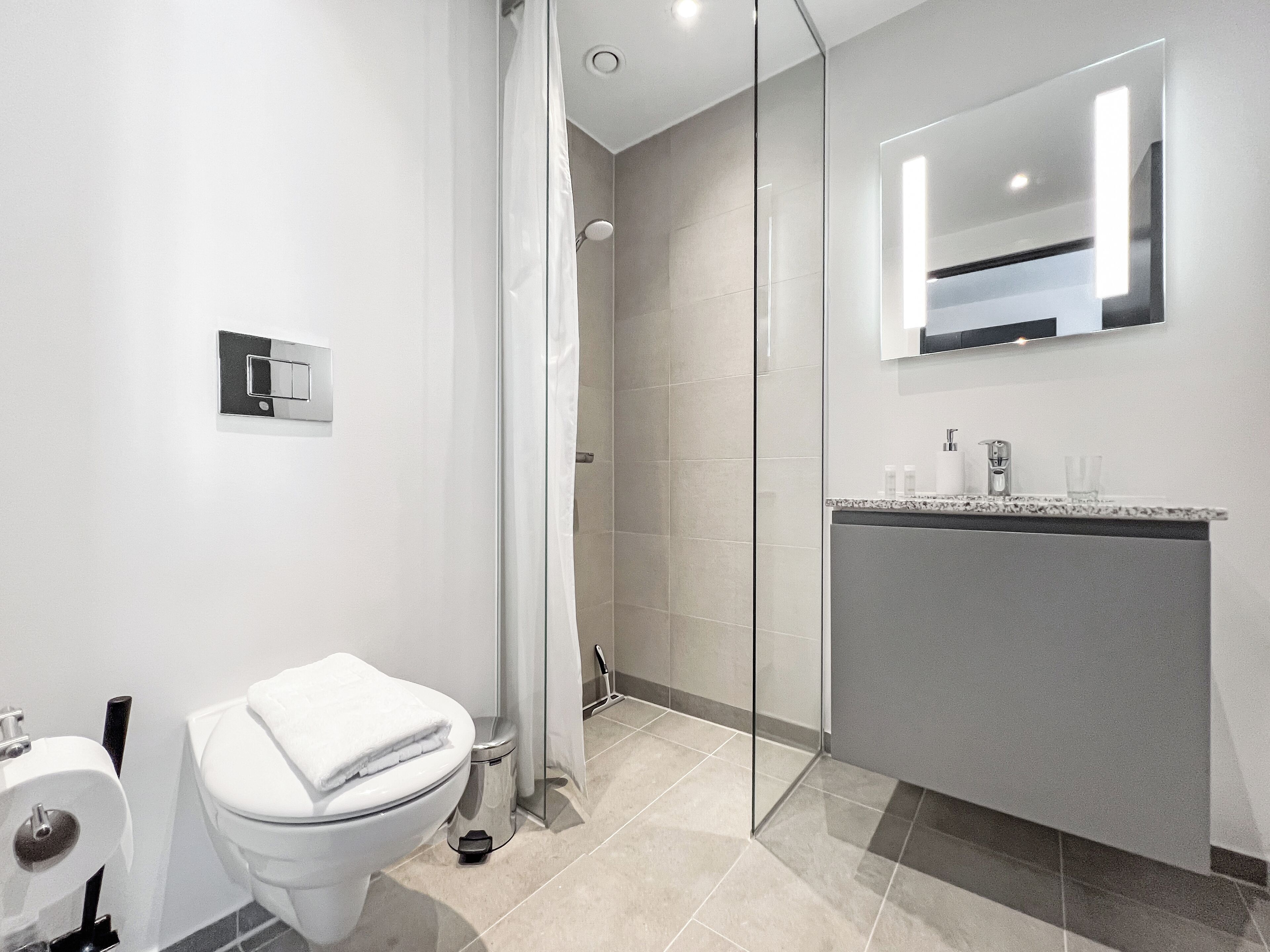 Apartemen Deluks, Bebas Asap Rokok | Kamar mandi | Shower, handuk, sabun, dan tisu toilet