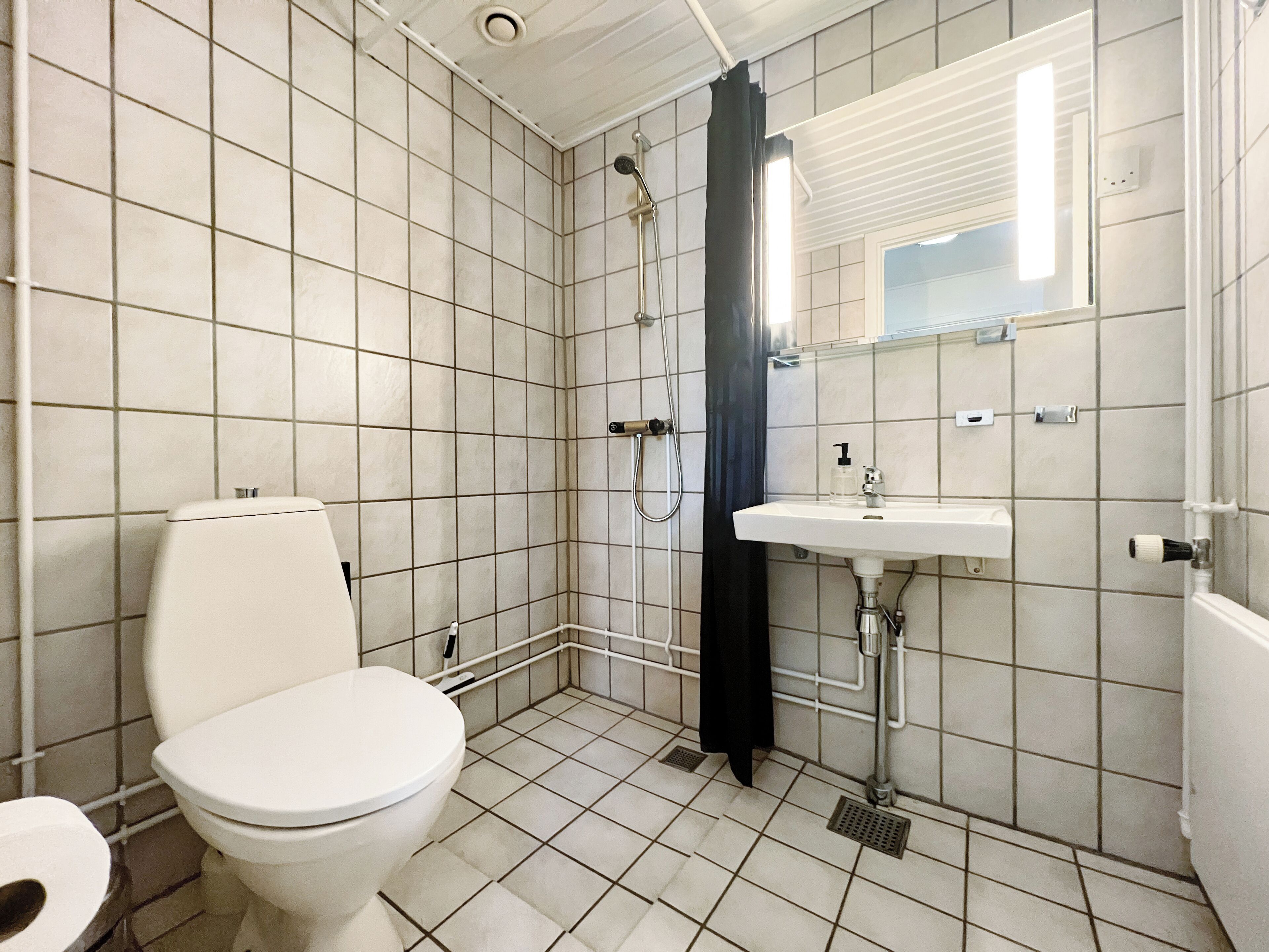 Une salle de bain avec des toilettes, une douche et un lavabo.