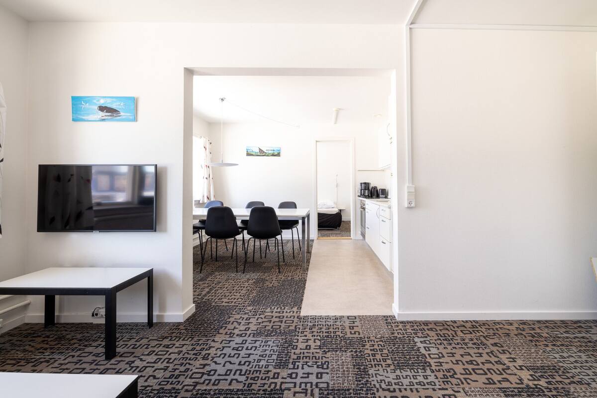 A modern living room with a flat-screen TV, a dining area with chairs, and a patterned carpet.
