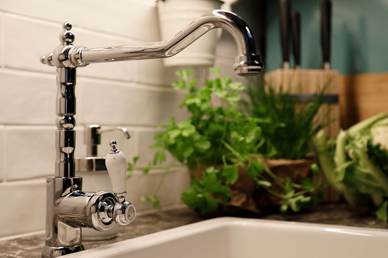 A modern kitchen with a stainless steel faucet, a white sink, and a potted plant on the counter.