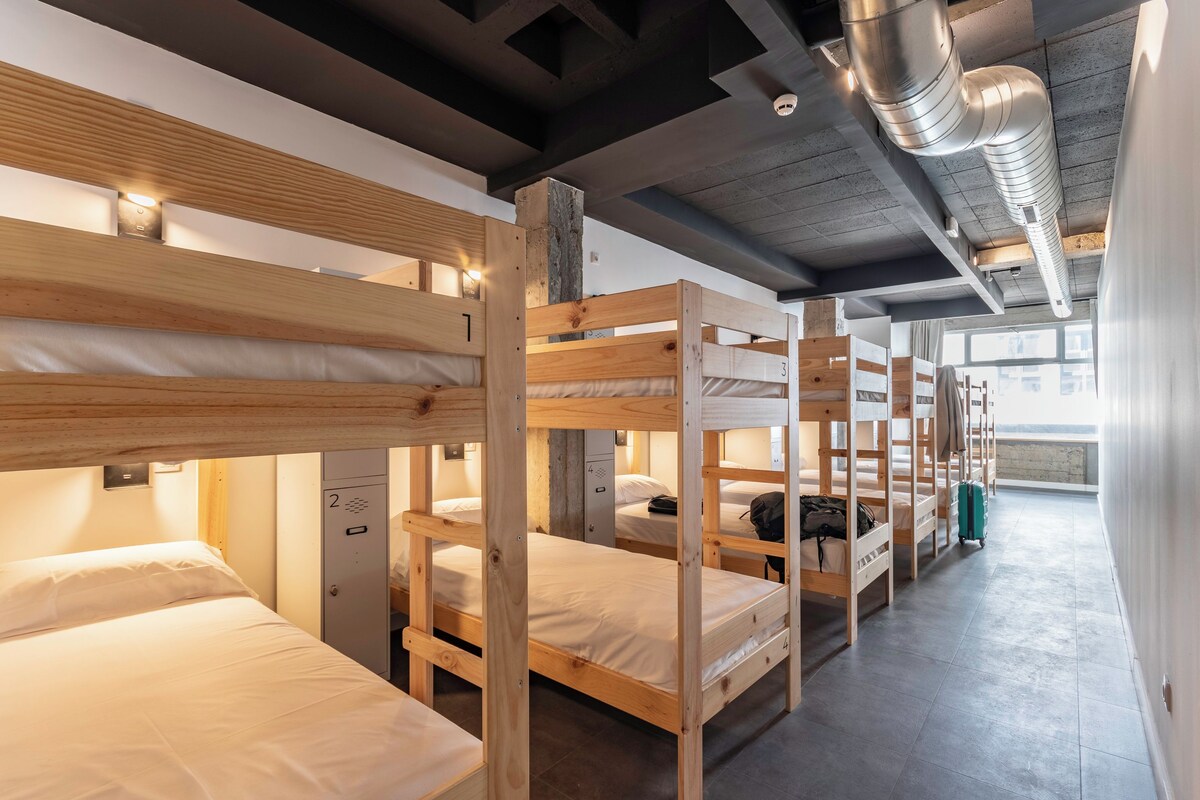 A row of bunk beds in a dormitory-style room with a wooden ceiling and a view of the outside.
