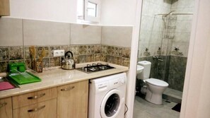 A compact kitchen with a washing machine, a gas stove, and a sink. - Guest House Beautiful Tbilisi (Tbilisi)