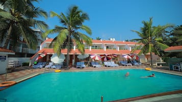 Outdoor pool, open 11:00 AM to 6:00 PM, pool umbrellas, sun loungers