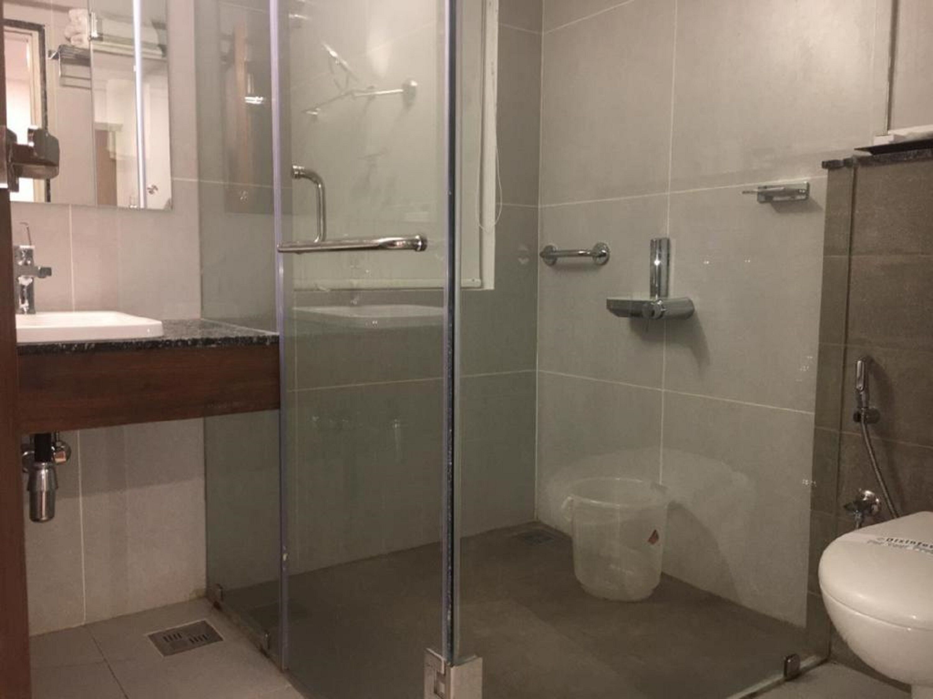 A modern bathroom with a glass shower enclosure, a white sink, and a toilet.
