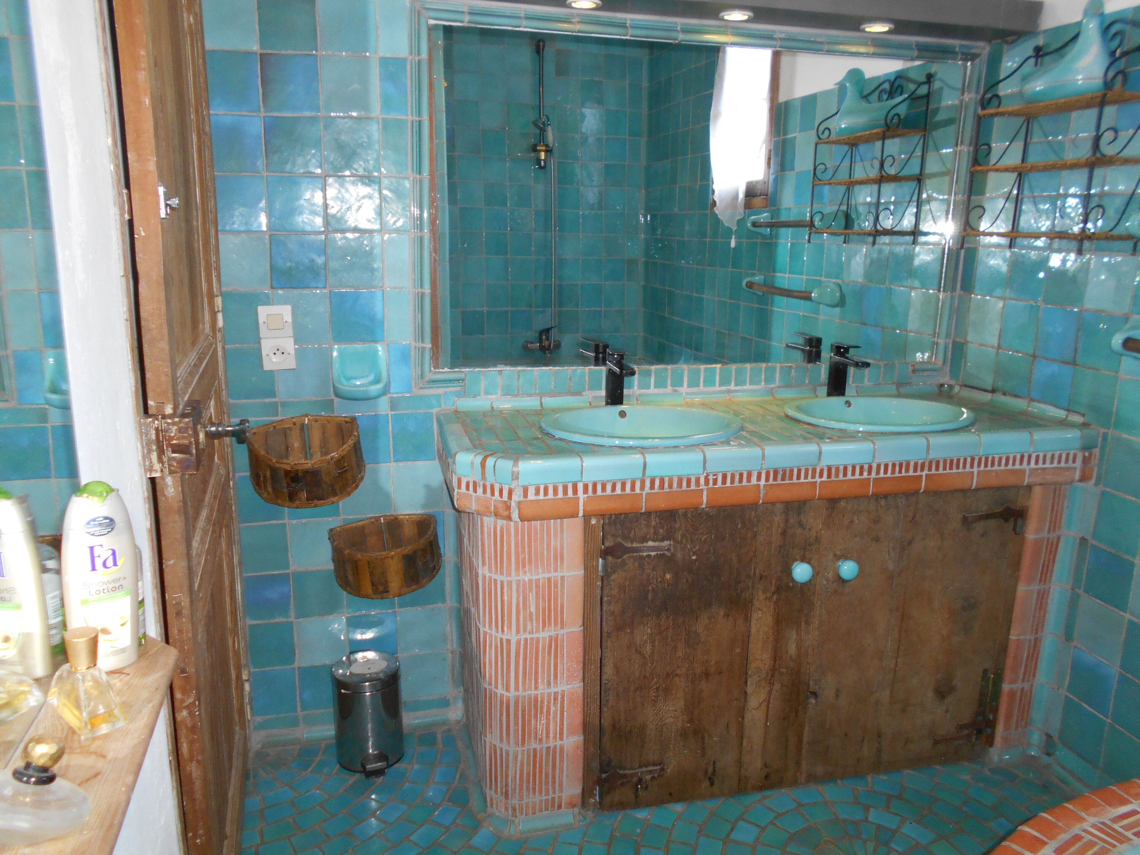 Een badkamer met twee wastafels, een spiegel en een douche.