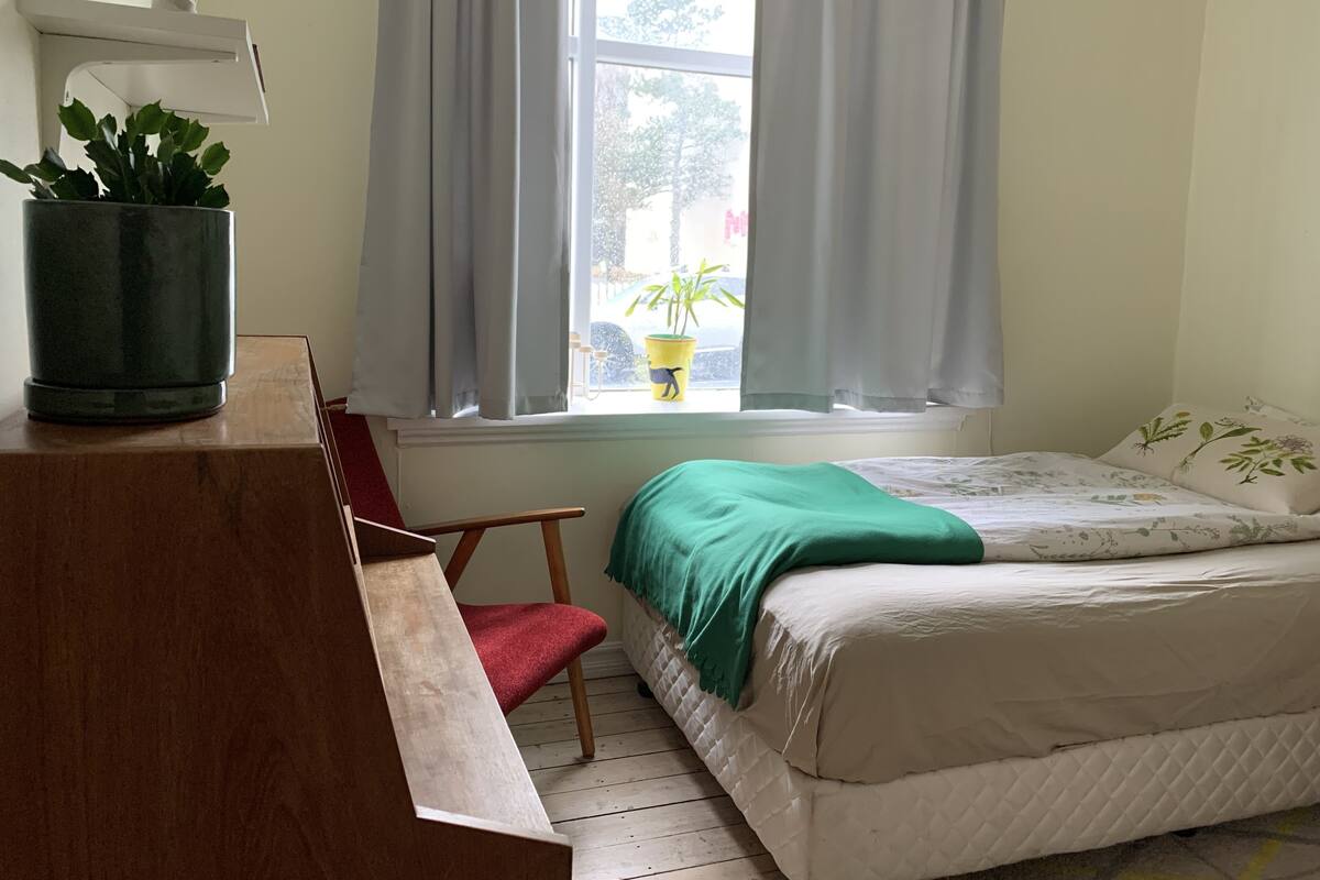 A bedroom with a bed, a chair, a window with curtains, and a potted plant on the dresser.