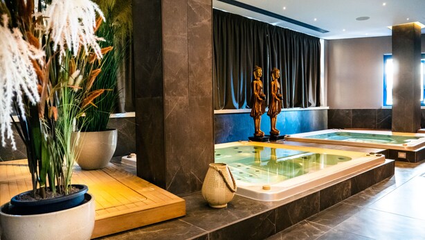 A spa area with two hot tubs, a large potted plant, and a decorative Buddha statue. - Hotel Up Museum - Wellness & Spa (Foggia)
