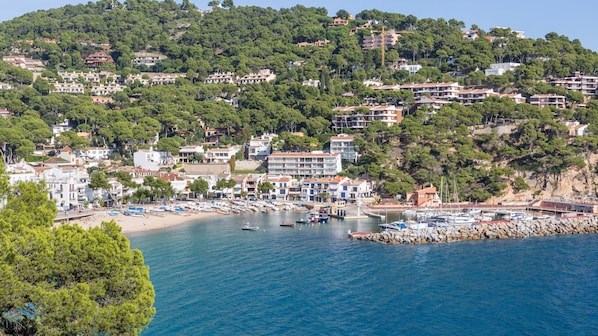 A coastal town with buildings on a hillside, a marina with boats, and a sandy beach.