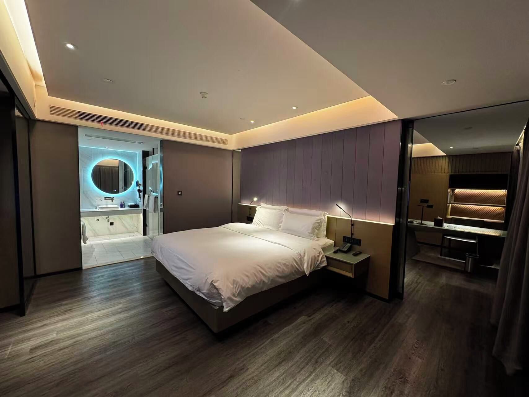 A modern hotel room with a large bed, bedside tables, a built-in vanity with a mirror, and a separate bathroom with a shower and toilet.