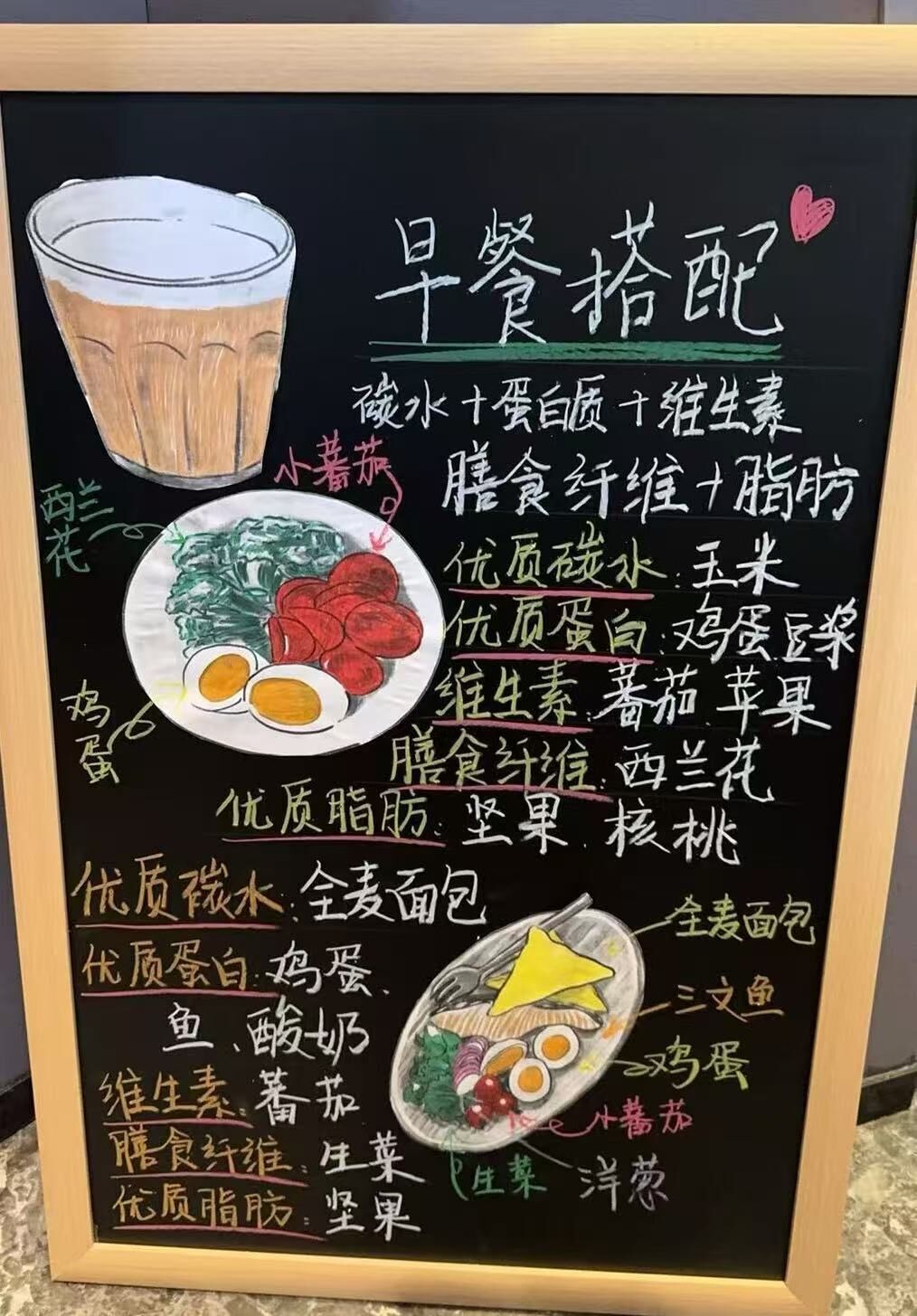 A chalkboard menu with illustrations of food items and their descriptions.
