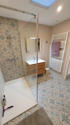 Combined shower/tub, hair dryer, toilet paper