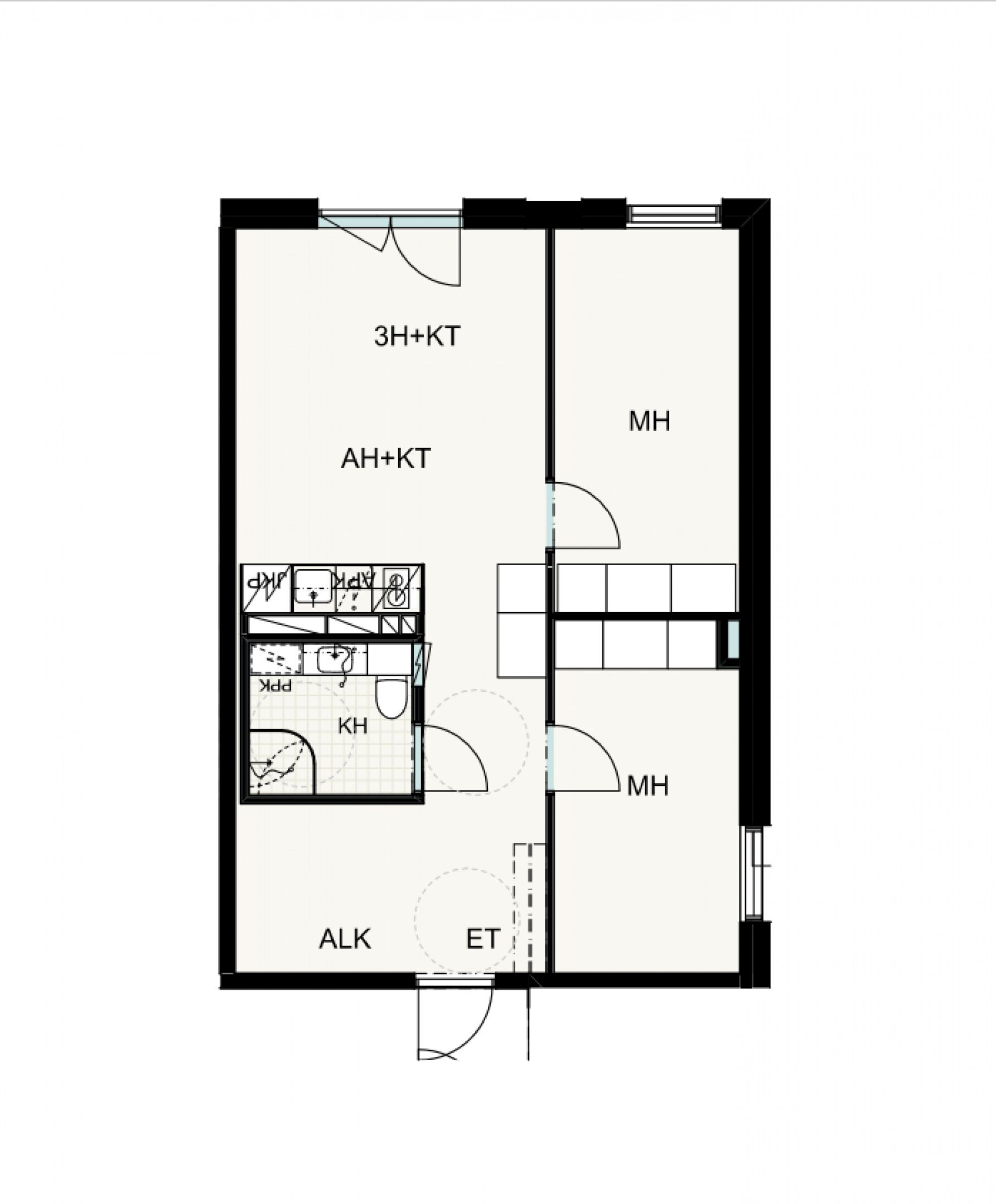 A floor plan with a kitchen, two bedrooms, a bathroom, and a living area.