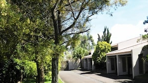 A row of single-story buildings with a paved road in between, surrounded by greenery and trees. - Pousada e Motel Blue Inn (Cascavel)