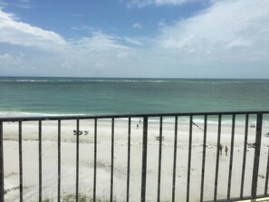A beach view from a balcony with a railing, sandy beach, and ocean. - Luxury condo house on Siesta Key (Siesta Key)