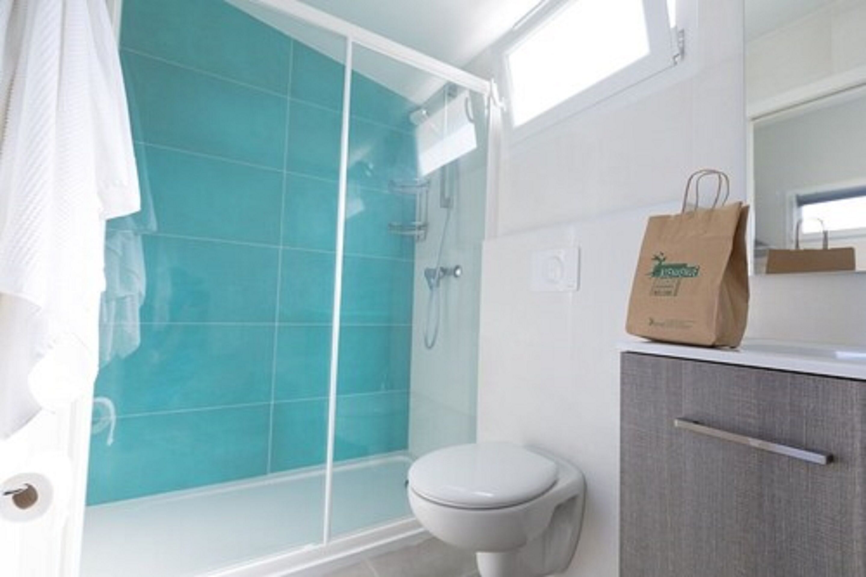 Une salle de bain avec une douche à parois de verre, des toilettes blanches et un meuble avec une poignée.