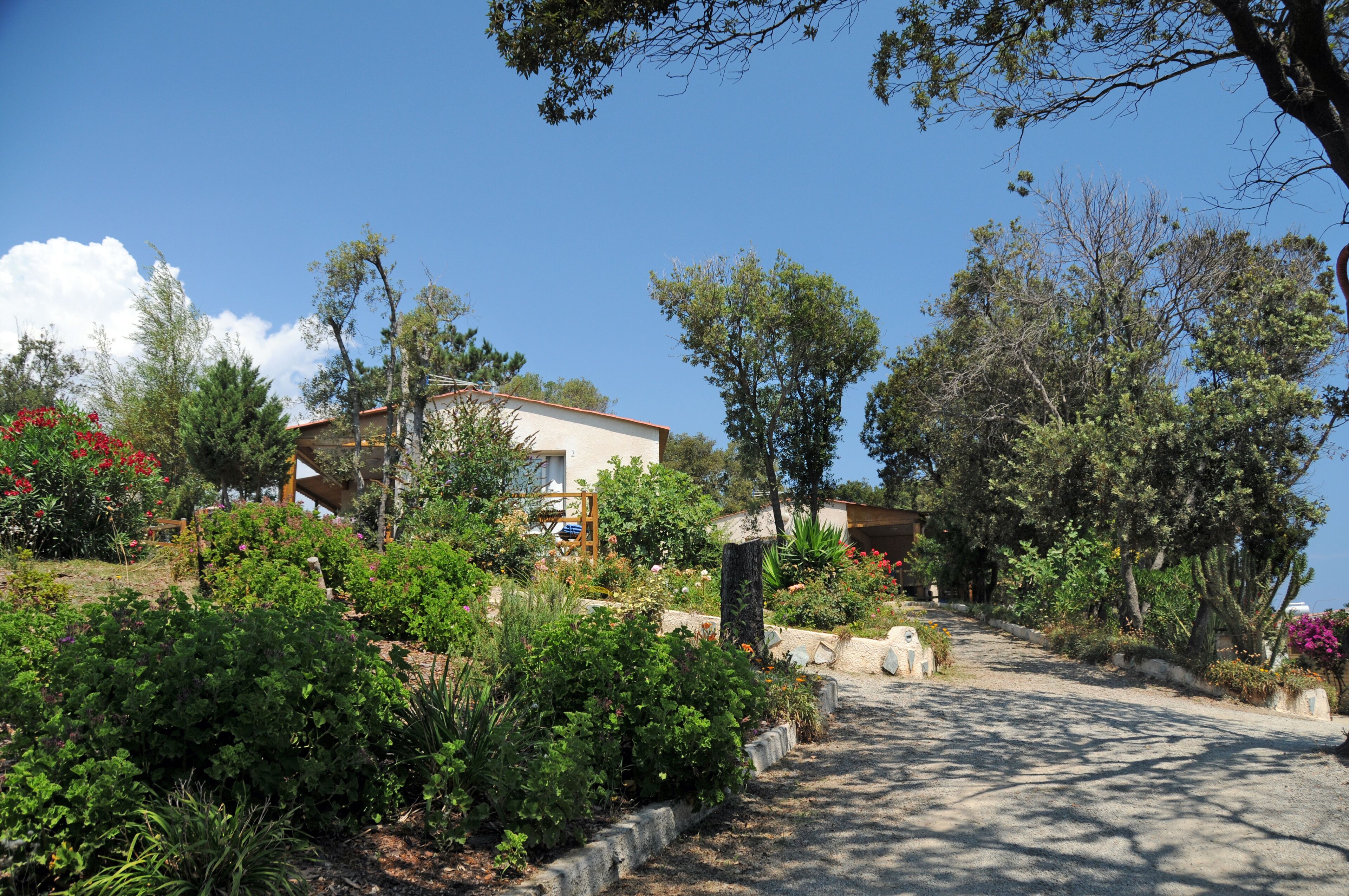 A house surrounded by lush gardens and trees.