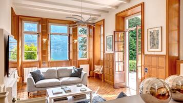 Télévision, cheminée, livres