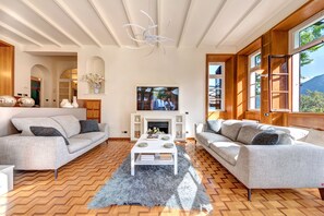 Televisión, chimenea y libros