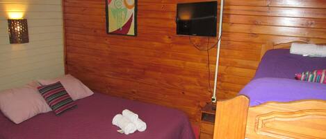 Una habitación con dos camas, paredes de madera, un televisor y una lámpara fijada a la pared.