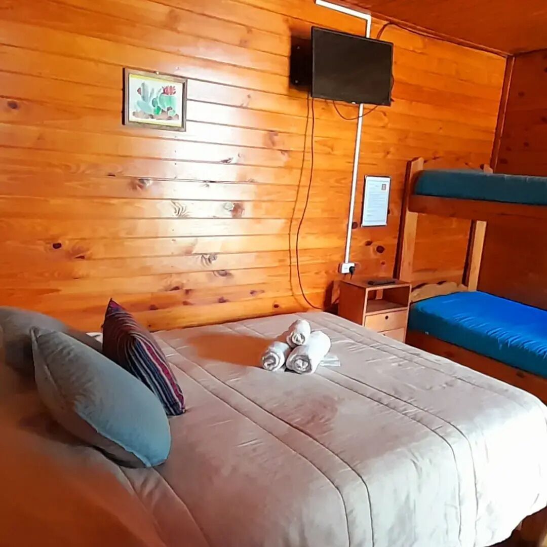A wooden-paneled room with a bed, a television mounted on the wall, and a bunk bed.