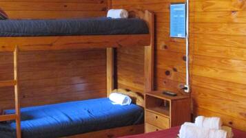 A wooden cabin room with bunk beds, a television, and a small table.