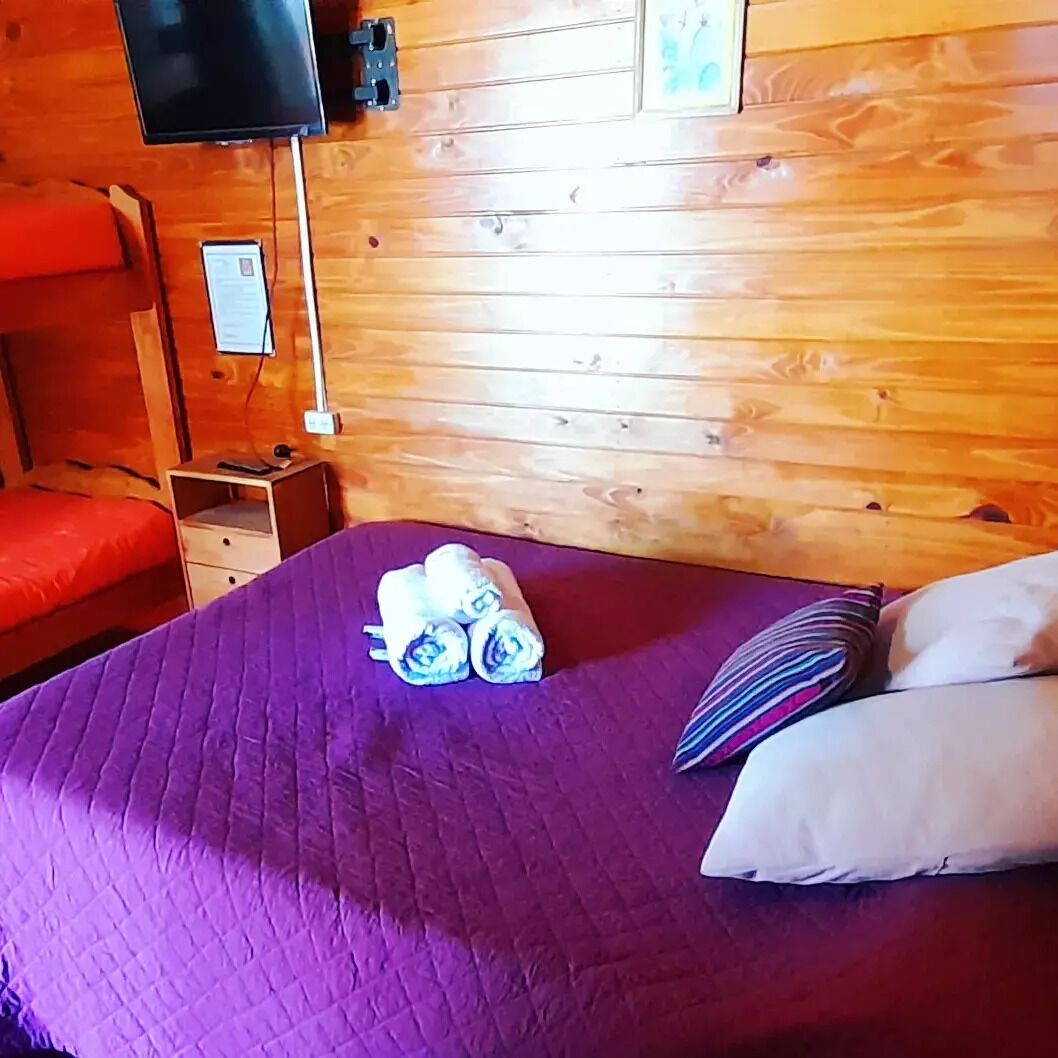 A wooden-paneled room with a bed, a nightstand, a TV, and a wall-mounted shelf.