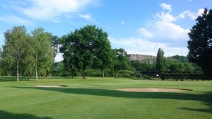 A golf course with a clear sky, trees, and a distant mountain. - Paradise Chalets and Camping (Sarrecave)