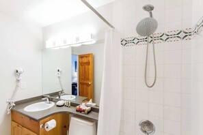 Shower, hair dryer, shampoo