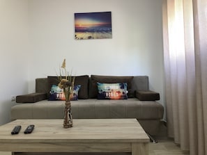 Un salon avec un canapé, deux coussins décoratifs, un vase avec des plantes et deux télécommandes posées sur une table basse.